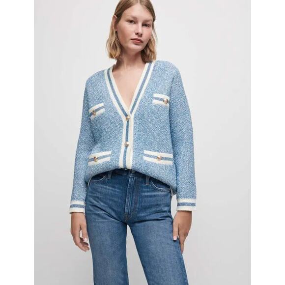 MAJE Blue Boucle Cardigan Metallic Tweed V-Neck Button Front Knit Sweater Size 2 - Picture 1 of 11